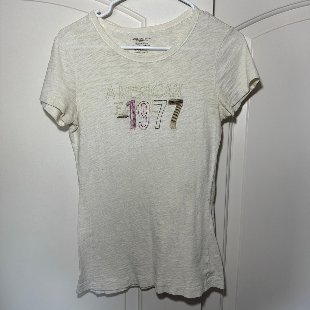 American Eagle Outfitters Y2K 1977 Embroidered Baby Tee‎ Womens M Cream Top